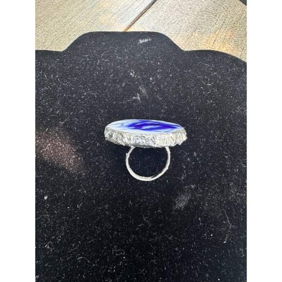 Artisan Silver & Blue Willow China Statement Cocktail Rose Ring Size 9 - Picture 9 of 16